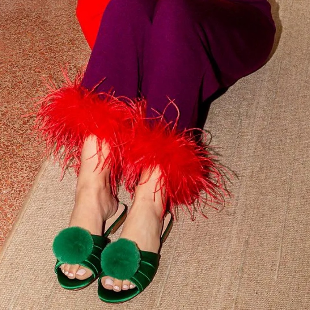 Antonio Melani x The Nat Note Olga Satin Pom Detail Slide Sandals - Picture 3 of 7